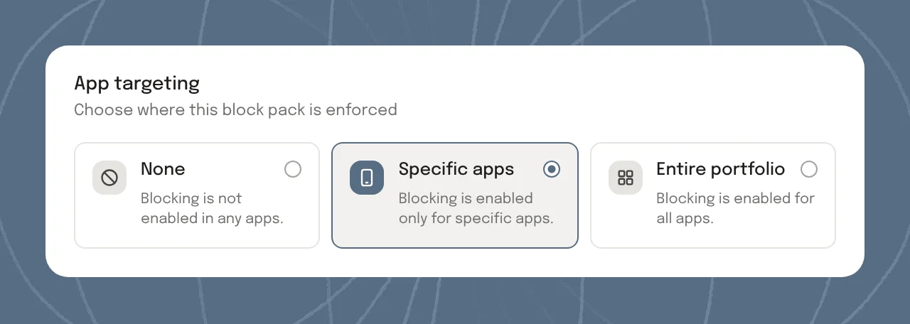 App targeting options for a Block Pack: None, Specific apps (selected), and Entire portfolio