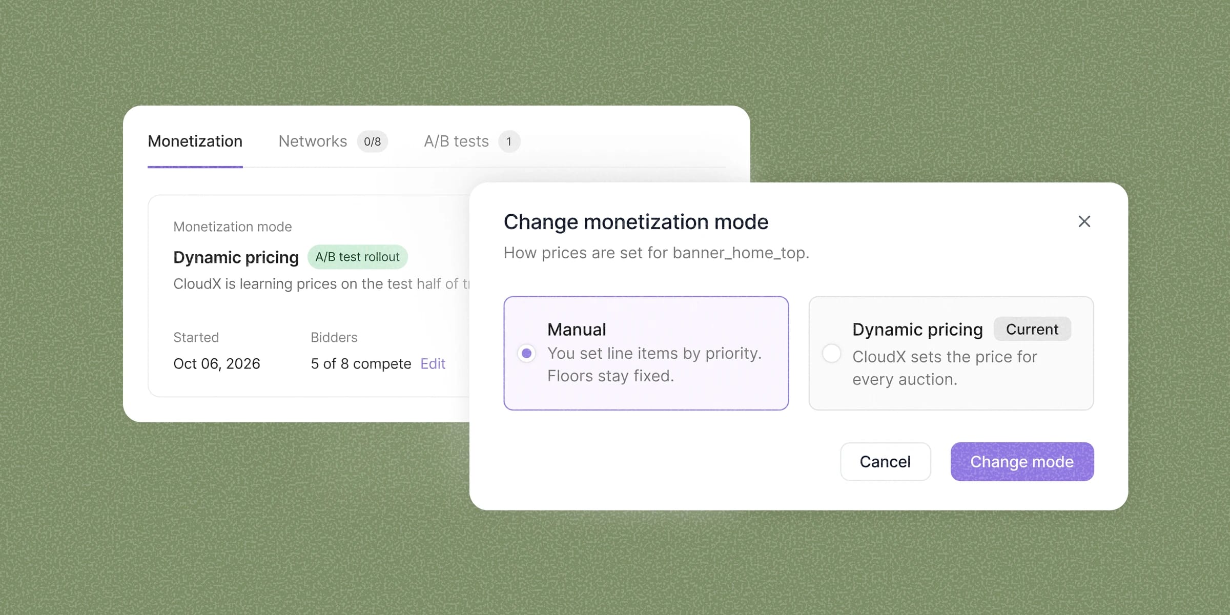 Monetization tab with the Change monetization mode dialog, offering Manual and Dynamic pricing