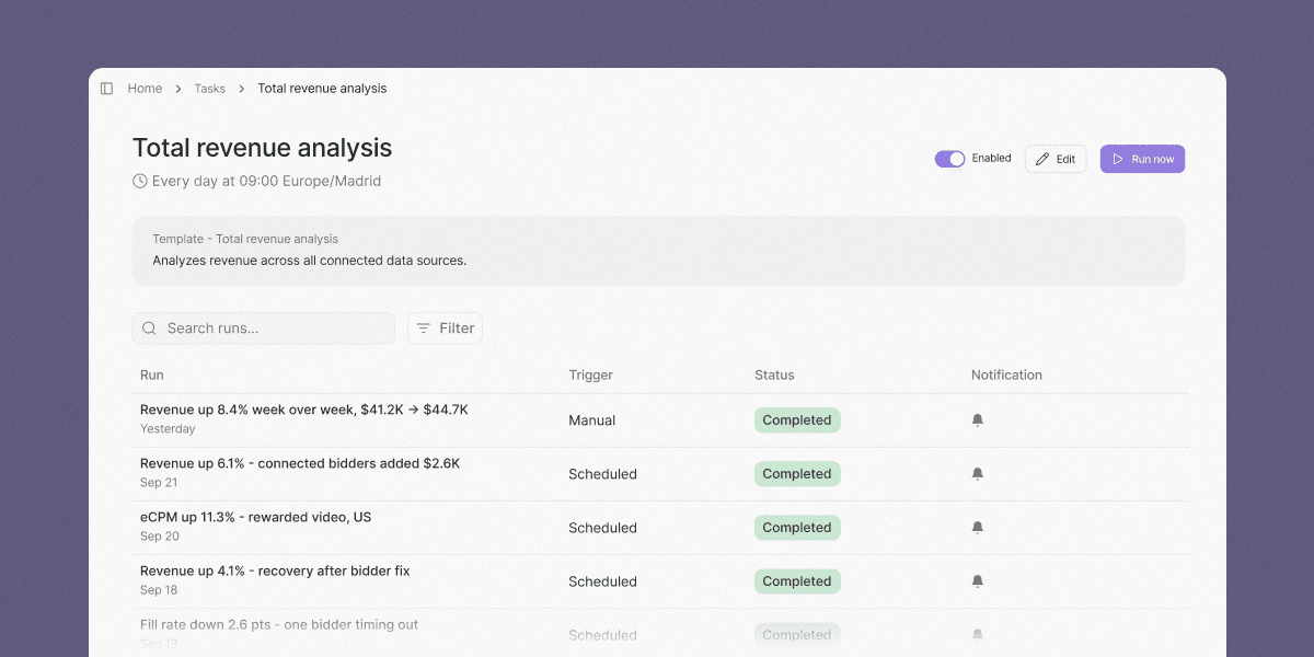 Run history for a Total Revenue Analysis task, listing recent scheduled runs with the revenue and eCPM changes the agent flagged for each