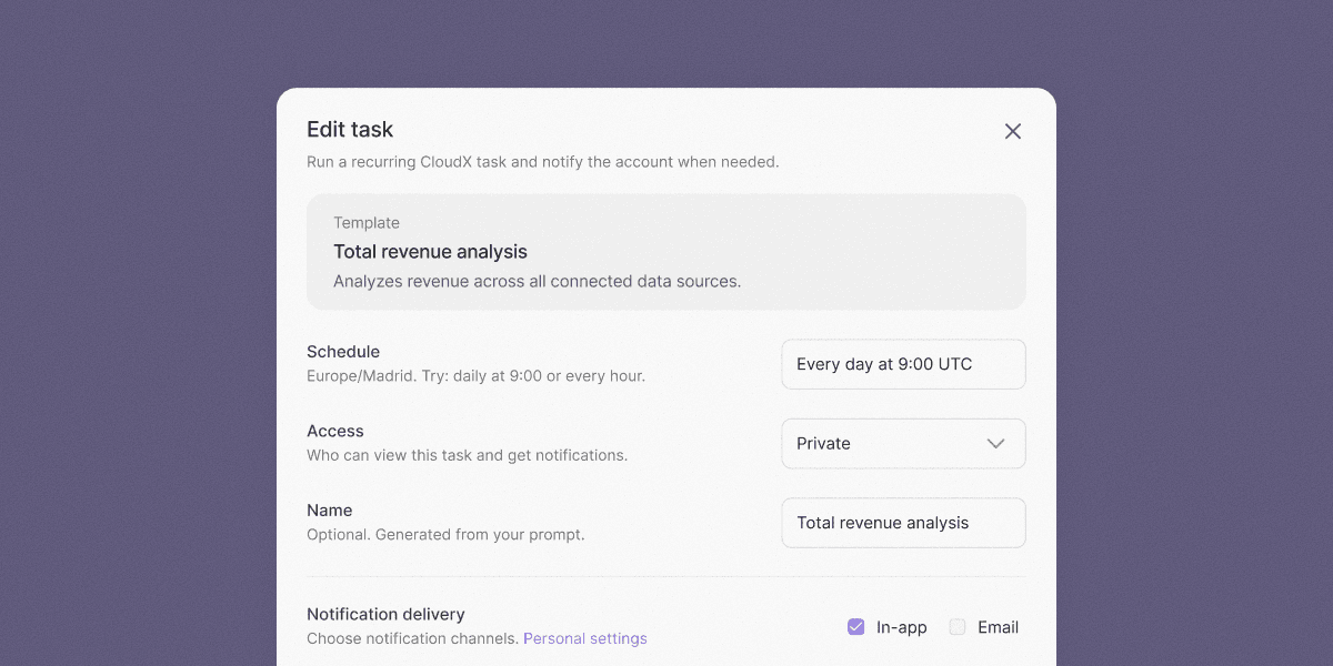 The CloudX Agent task editor, showing a Total Revenue Analysis template scheduled to run daily, set to private access, with in-app notification delivery enabled